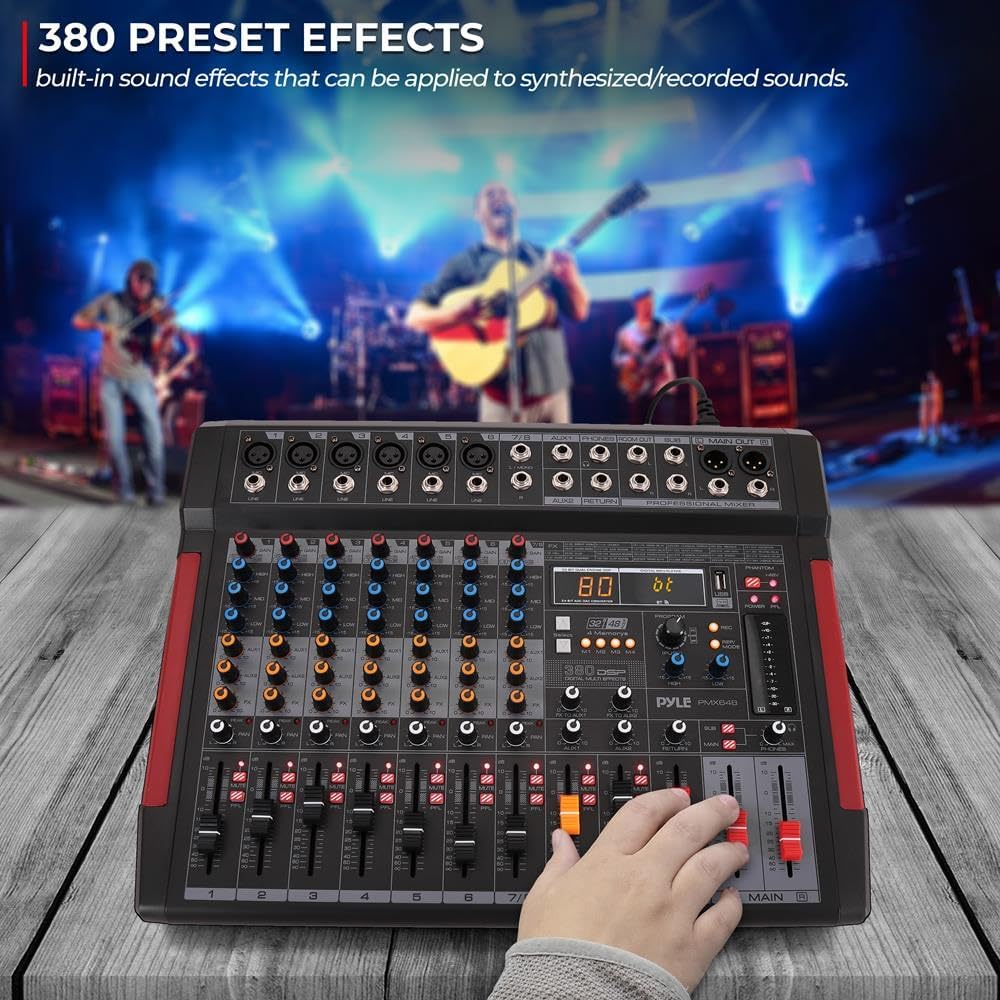 Pyle Professional DJ Audio Mixer Controller - 8Channel DJ Controller Sound Mixer w/ DSP 380 Preset Effects, Recording, USB, 6 XLR Mic/Line Input, AUX, FX Processor MP3 Player, Headphone Jack - PMX648