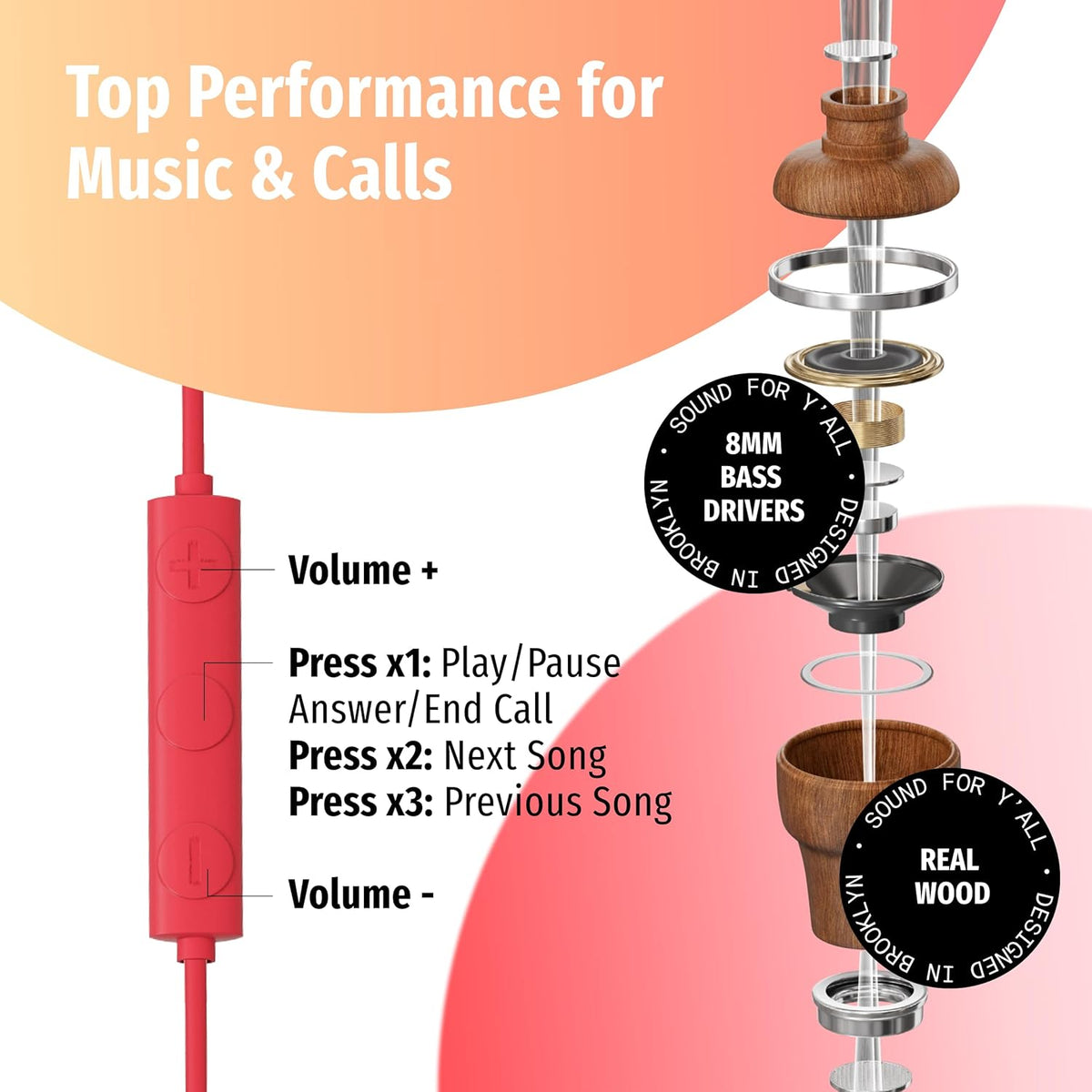 Symphonized Premium Wooden iPhone Earphones Wired (USB C) Deep Bass Sound, 3D Sound, Microphone Volume Control, 90% Noise Cancelling for Type C Devices. Earphones for iPhone 15 to 16 & Android