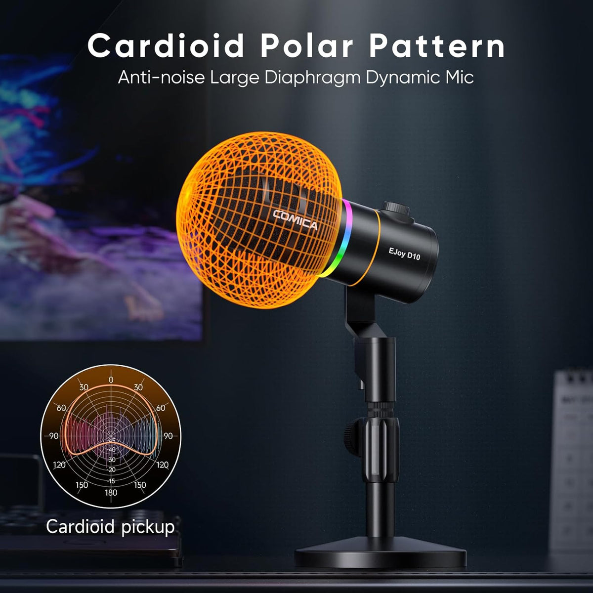 COMICA EJoy D10(D) USB Gaming Microphone – RGB Dynamic Mic with Noise Cancellation, XLR/USB-C, Real-Time Monitoring, Muting, Professional Studio Mic for Gaming, Streaming, Podcast, Recording (Black)
