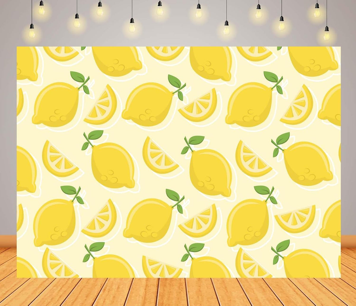CORFOTO 9x6ft Summer Fabric Lemon Pattern Backdrop Yellow Lemons Slices Green Leaves Citrus Pattern Photography