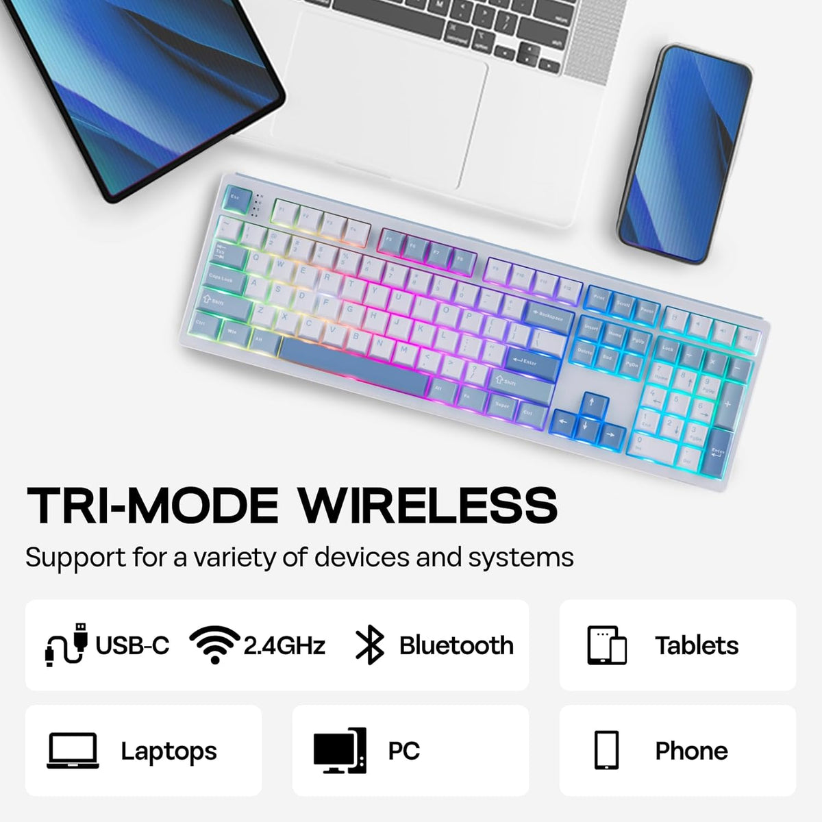 EPOMAKER TH108 Full Size Mechanical Keyboard, Wireless Gaming Keyboard with 8000mAh Battery, Creamy Gasket, 108 Keys, Hot Swap, Custom Driver, RGB Backlight (Blue&White, Creamy Jade)