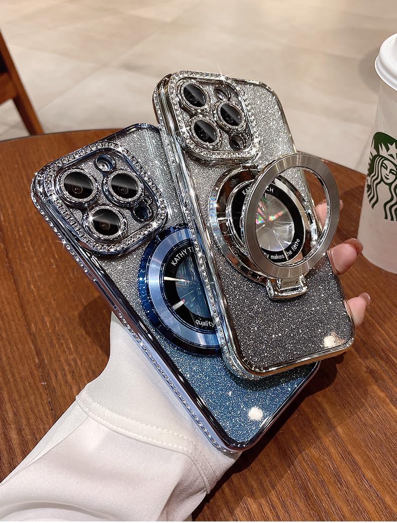 Magnetic Kickstand (Glitter Lens Protector ) Case for IPhone 15 14 13 12 Pro Max (Compatible with Magsafe ) Sparkling Diamond Cover Glitter Shiny Rhinestone Cases (Blue,for iPhone 13 Pro)
