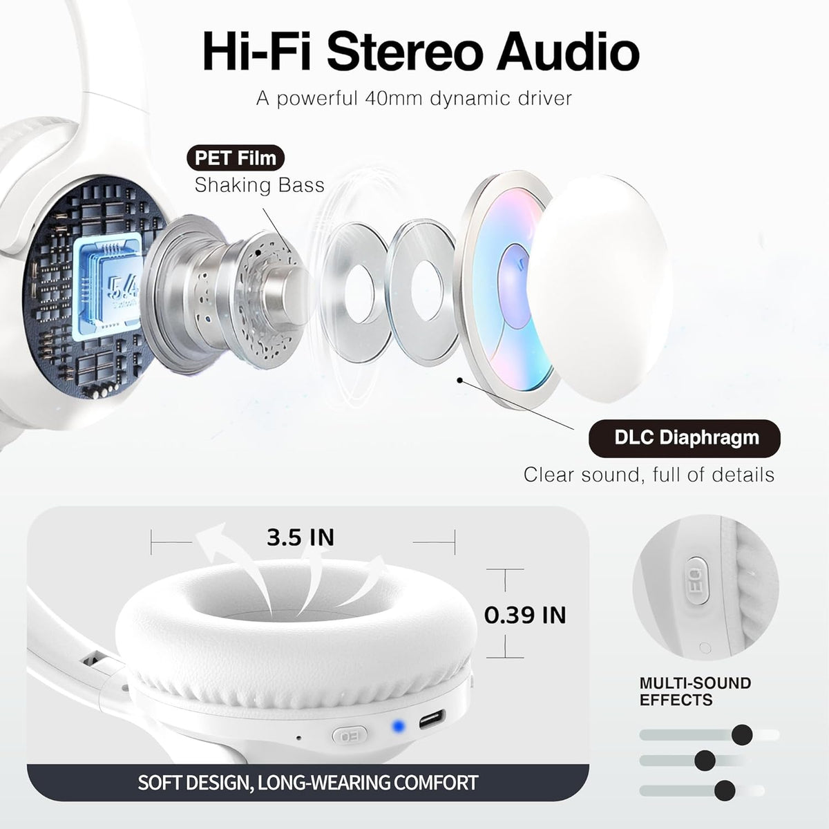 MIDOLA Bluetooth Headphones Over Ear 68H Playtime 6 EQ Wireless Headset with Microphone HiFi Stereo Foldable Lightweight Deep Bass for Travel Home Office Cellphone White