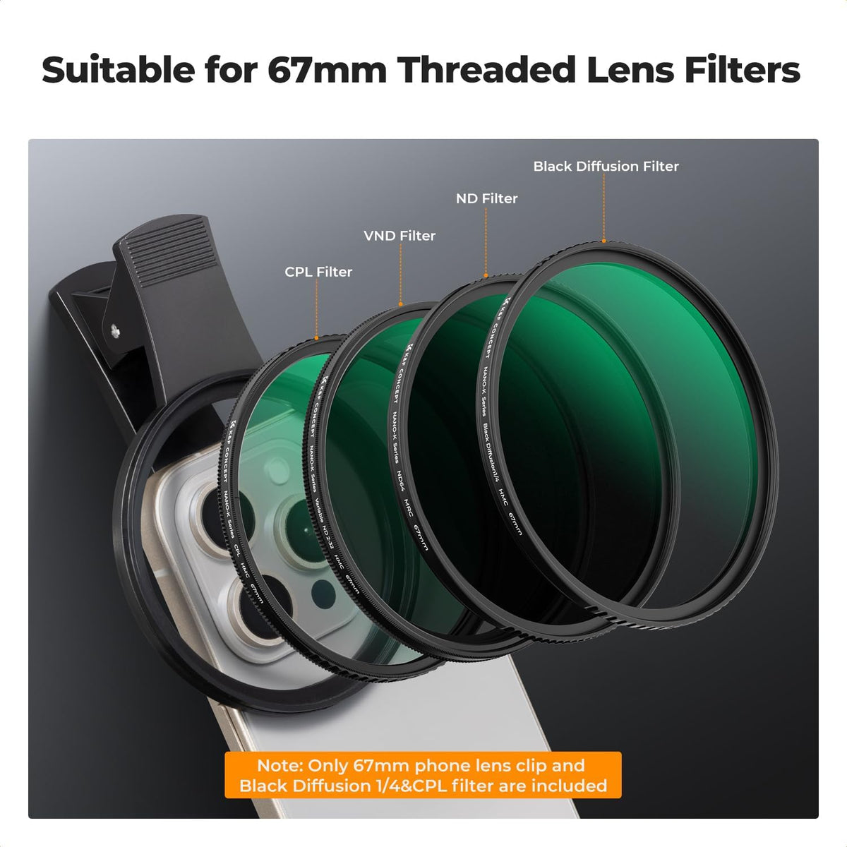 K&F Concept 67mm Clip-on Black Diffusion 1/4&CPL Phone Camera Lens Filter Kit, Mist Cinematic Effect Filter Compatible with iPhone 16 15 14 13 12 11, for Video/Vlog/Portrait Photography