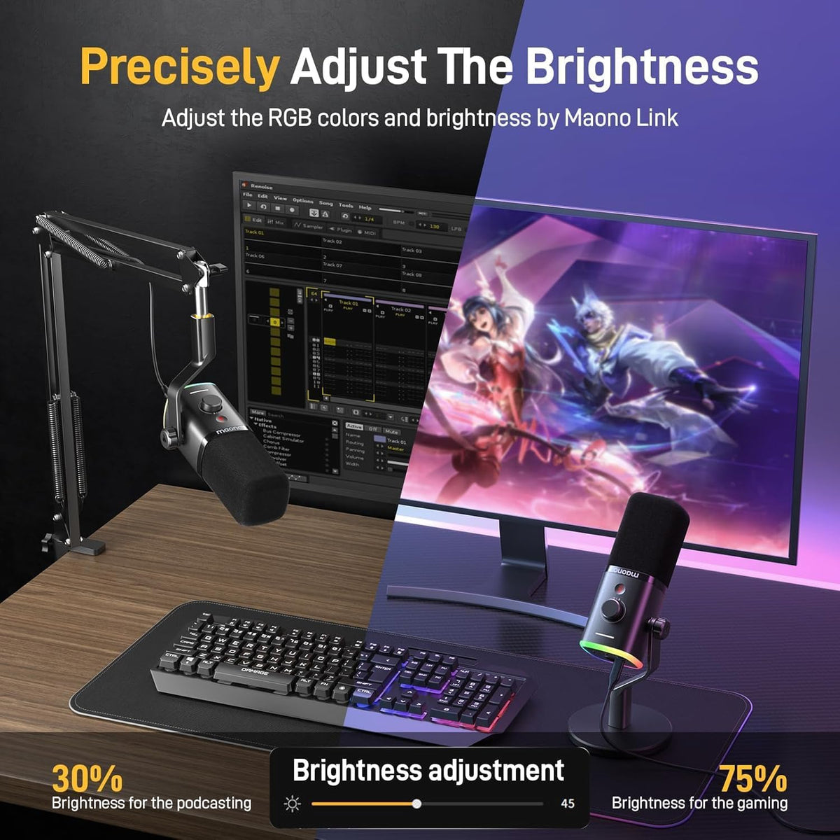 MAONO XLR/USB Gaming Microphone Kit: Dynamic PC Mic for Streaming Podcasting, Software Support, Mute Button, Gain Control, RGB Computer Mic with Boom Arm Stand, for Recording, PS4/PS5, PD100XS Black