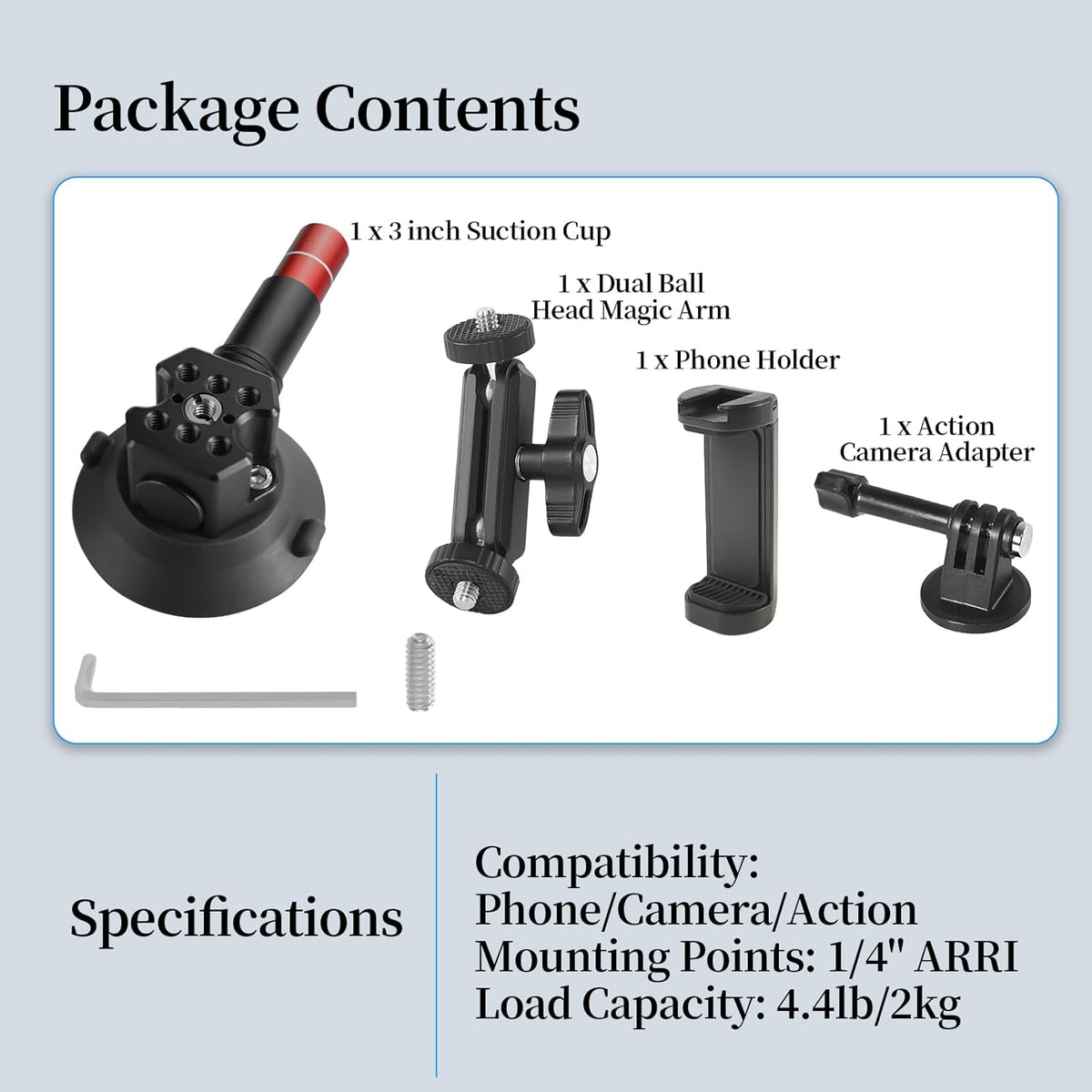 FIFIELD 3inch Suction Cup Camera Mount with Ball Head Magic Arm, 1/4" ARRI Holes, Quick Release Car Mount with Phone Holder & Action Camera Adapter Compatible with DJI OSMO Pocket 3 Insta360 iPhone