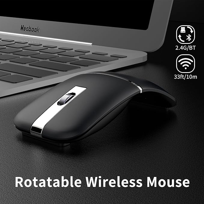 Bluetooth Arc Travel Mouse - BT &amp 2.4G Wireless Dual Mode Rechargeable Slim Rotatable Portable 3 Adjustable DPI USB Optical Computer Silent Mouse for Microsoft Laptop PC Tablet - Graphite Black