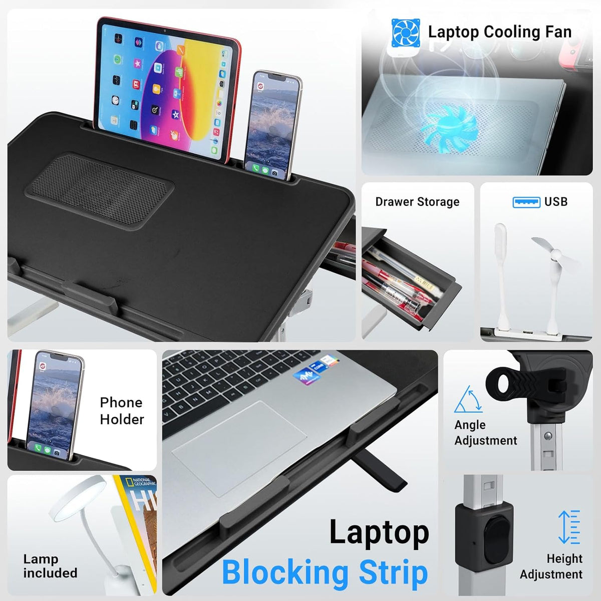 Laptop Lap Desk Include Cooling Fan,Adjustable Lap Desk with Light Fan,Folding Laptop Desk for Bed with USB,Bed Desk with Storage Drawer 56 * 32cm,Black