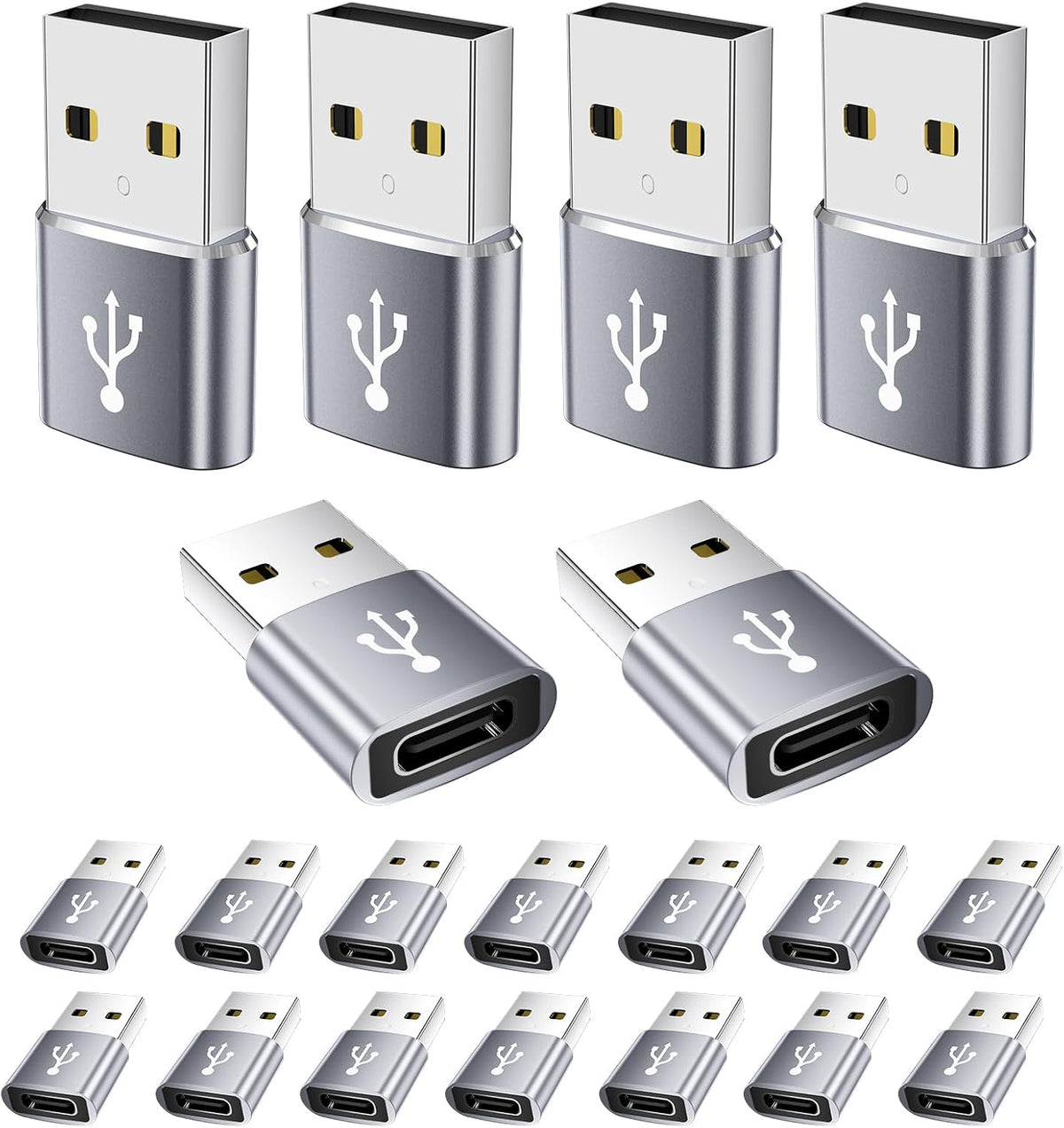 USB to USB C Adapter 20 Pack,USB A to USB C Adapter,C Female to A Male,USBA Charger Cable Converter for iPhone,iPad,AirPods,Tablet,Grey