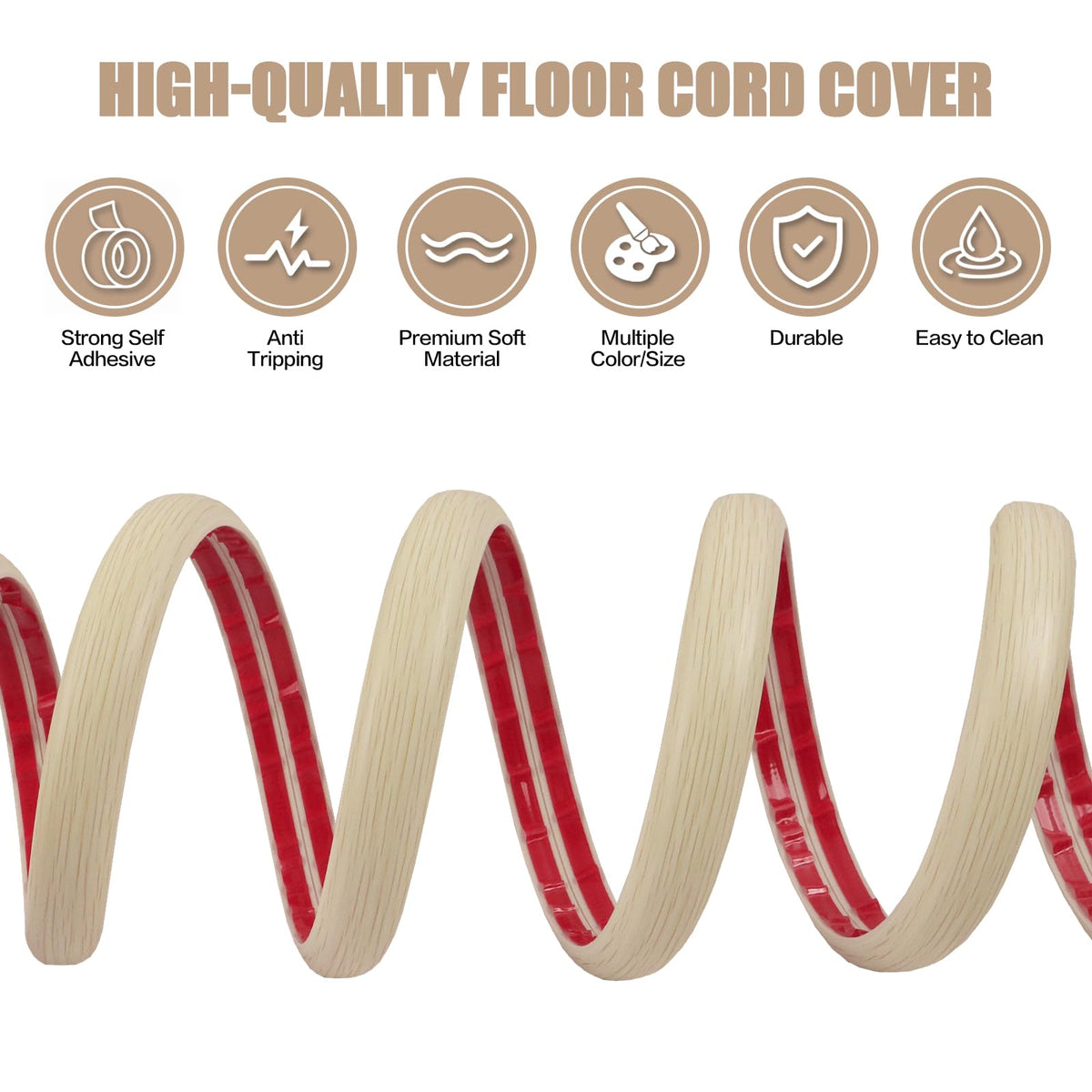 Floor Cord Cover Self Adhesive Cord Hider,3.3FT Cable Management, Extension Strip Protector for Wires, Prevent Cable Trips for Offices, Gyms, Exhibitions Cavity:0.51"(W) x 0.3"(H) Yellow Wood
