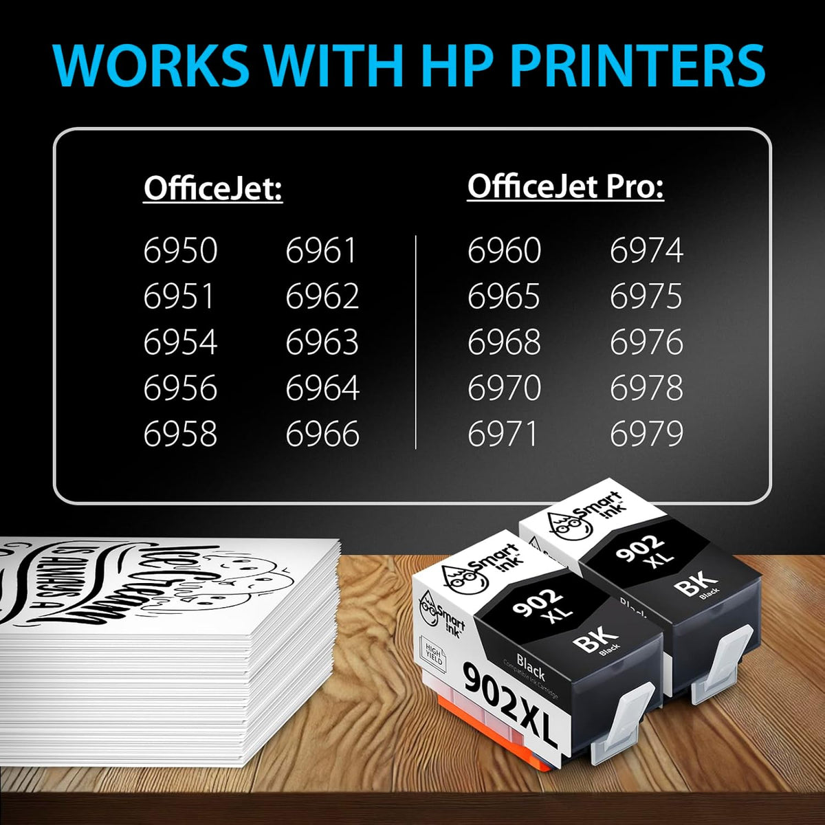 Smart Ink Compatible Ink Cartridge Replacement for HP 902XL 902 XL (2 Black, Combo Pack) to use with OfficeJet Pro 6978 6968 6970 6975 6960 Officejet 6962 6958 6950 6954 6951 6956 6961 6963 6964 6966