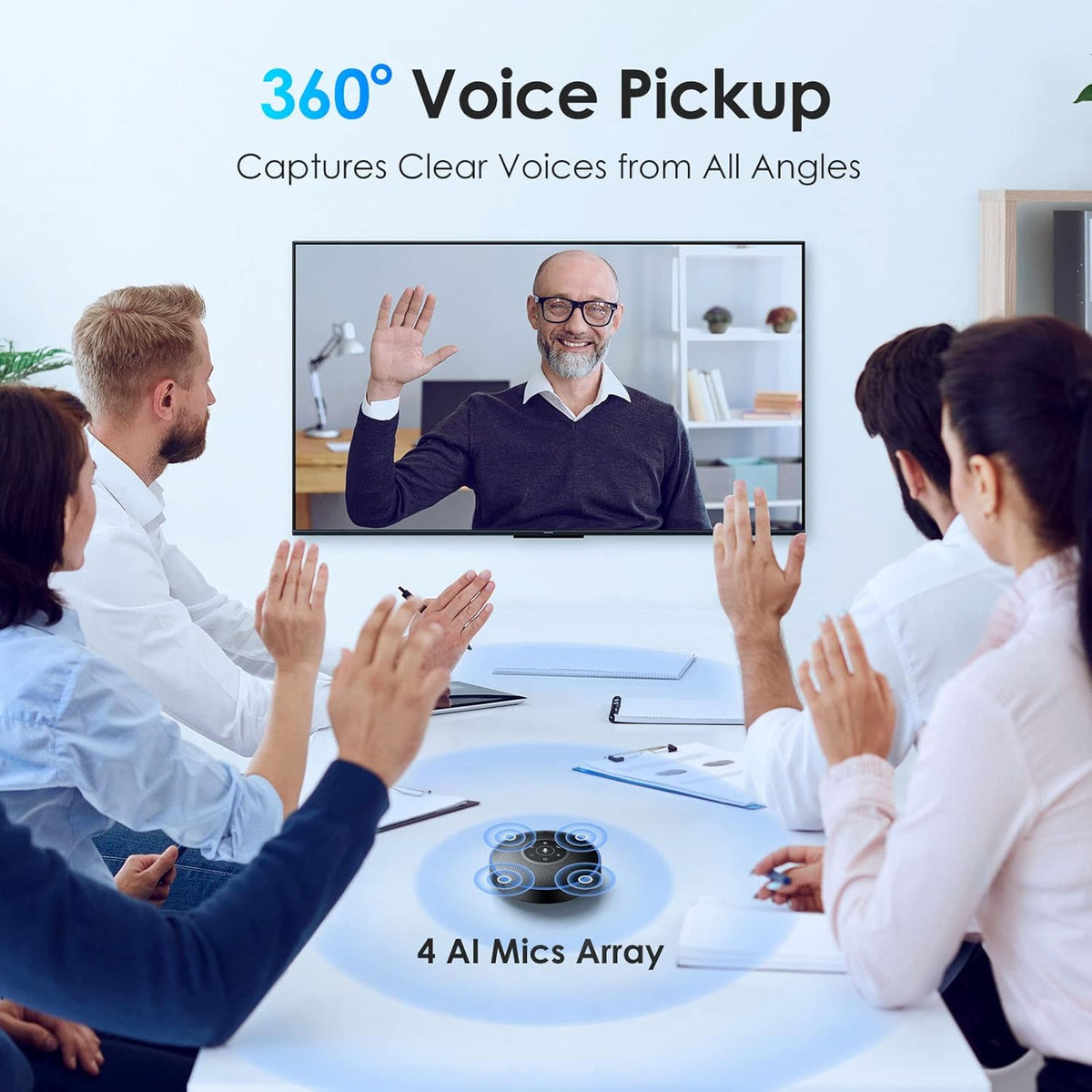 EMEET Bluetooth Speakerphone - Daisy Chain/Use Alone up to 16 attendees, M220 Professional Wireless Speakerphone 360°Voice Pick-up 8 AI Noise Cancellation Mics Skype Speakerphone for Conference Calls