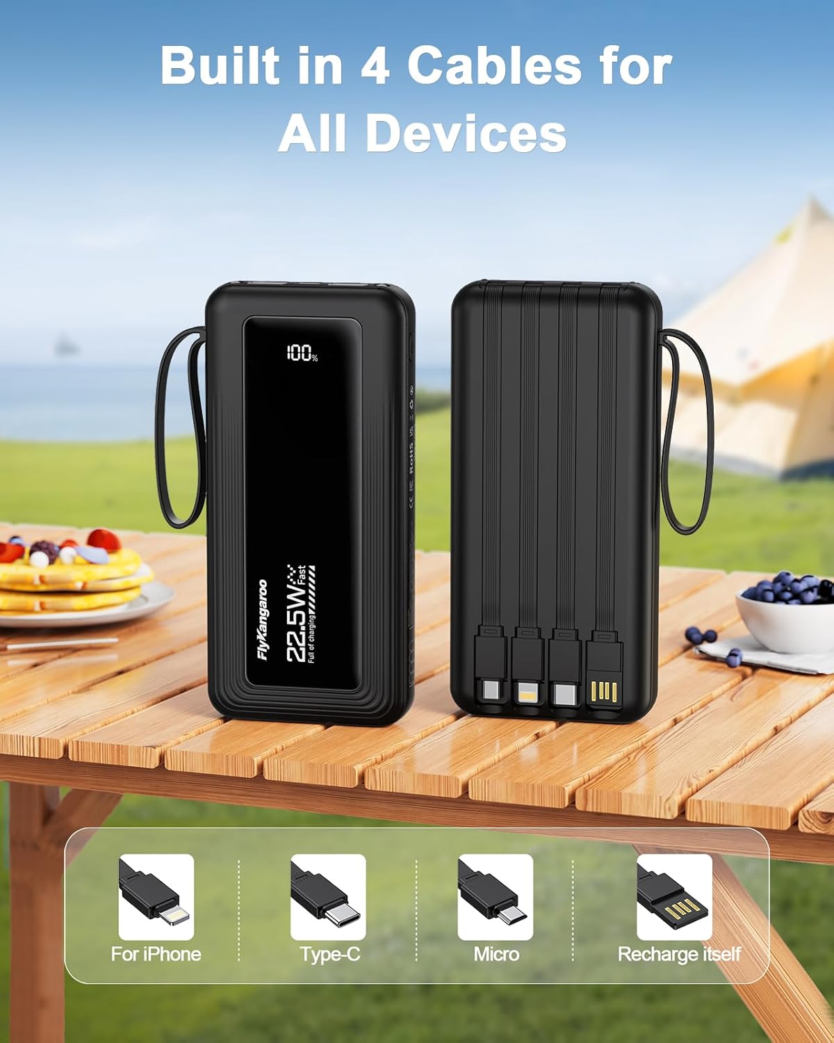 Portable Charger with Built in Cables, Slim 10000mAh Fast Charging 22.5W Power Bank USB C LED Display Battery Pack 6 Outputs & 2 Inputs for iPhone Samsung Pixel LG Moto iPad