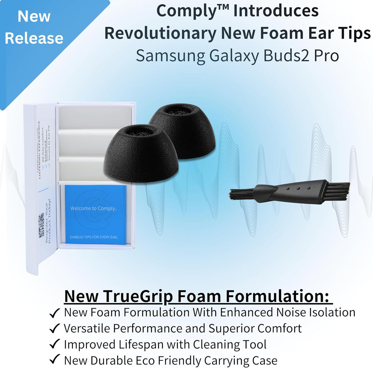 Comply TrueGrip | Premium Memory Foam Replacement Earbud Tips for Samsung Galaxy Buds2 Pro | Enhanced Comfort, Secure Fit, Superior Noise Isolation, Cleaning Tool | Black, Small (3 Pairs)