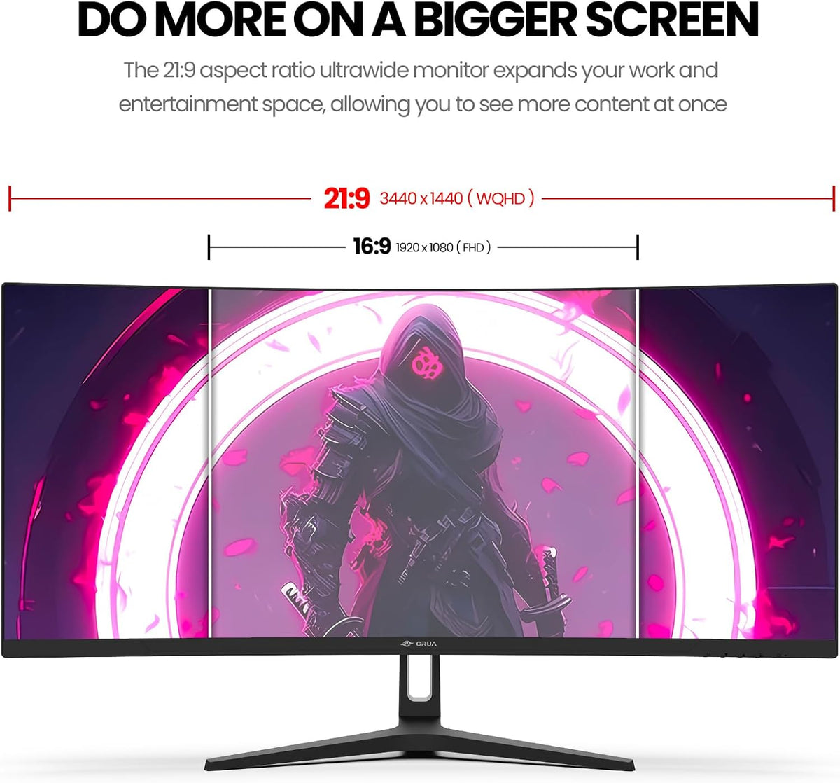 CRUA 34 Inch Curved Gaming Monitor, 21:9 WQHD 3440x1440 165Hz/144Hz 1500R Ultrawide Computer Monitor Support Freesync, PIP/PBP, 120% sRGB, HDMI 2.0 & DP 1.4, Wall Mountable/Tilt Adjustable-Black