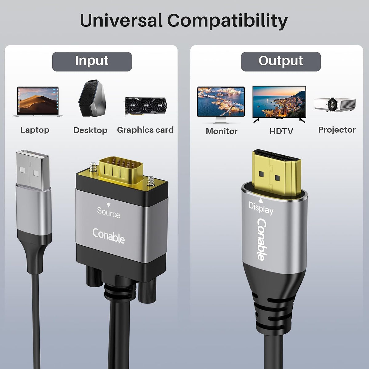 Conable 4 1080P@60Hz VGA to HDMI Cable FT with USB Power Supply, Real Video Output, Unidirectional Cable, from VGA