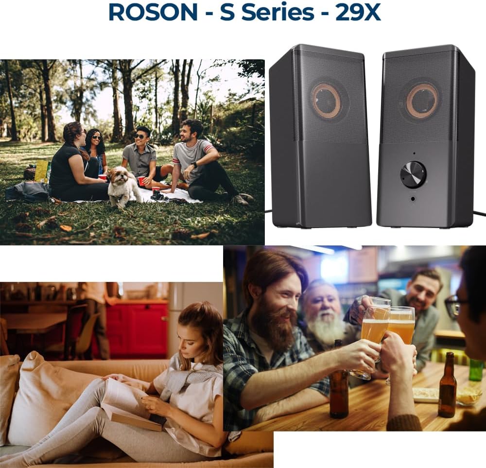 ROSON Computer Speaker, Compact Size Speaker with Headphone Jack, Enhanced Bass and Volume Control, Stereo 2.0 USB Powered 3.5mm Aux Multimedia Speakers for Laptop/Desktop/Tablets/Phone