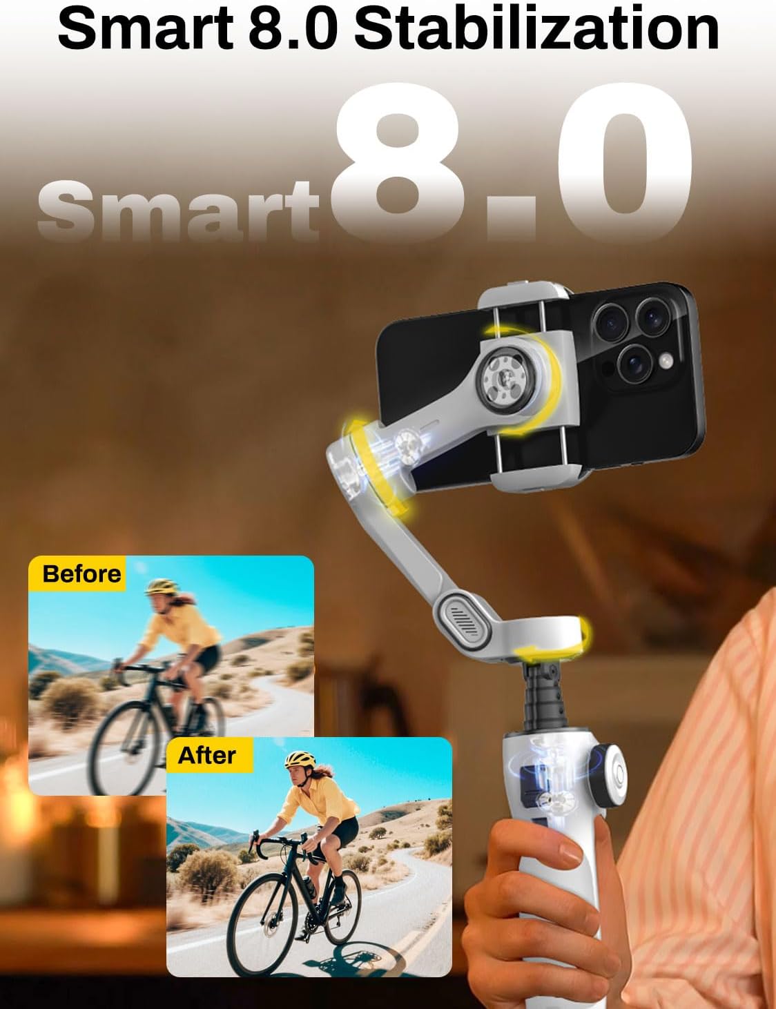 Gimbal Stabilizer for iPhone & Android, 3-Axis Phone Gimbal with OLED Screen, 7.8" Extendable Rod, Face & Gesture Tracking, Ideal for Vlogging, Travel & Video Recording-Smart V8 White