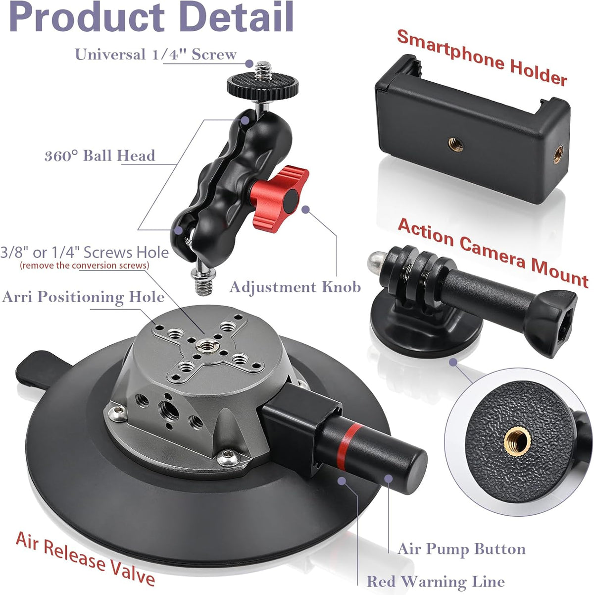 Suction Cup Camera Mount with Ball Head Magic Arm, 5.9"/15cm Air Pump Vacuum Camera Suction Mount on Car Windshield Dash for Action Cameras/Phone Holder, with 1/4" & 3/8" Mounting ARRI Holes