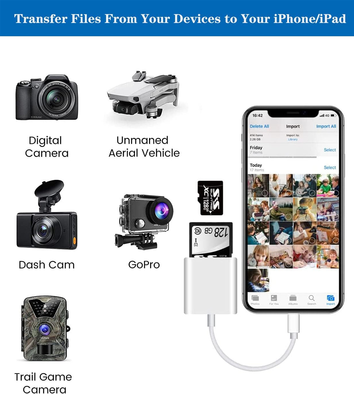Lightning to SD & TF Card Reader Adapter, Apple MFi Certified 2 in 1 Micro SD TF Memory Card Dual Slot Dongle Cord for iPhone 14 13 12 11 X XS XR 8 7 Plus, iPad, Plug and Play