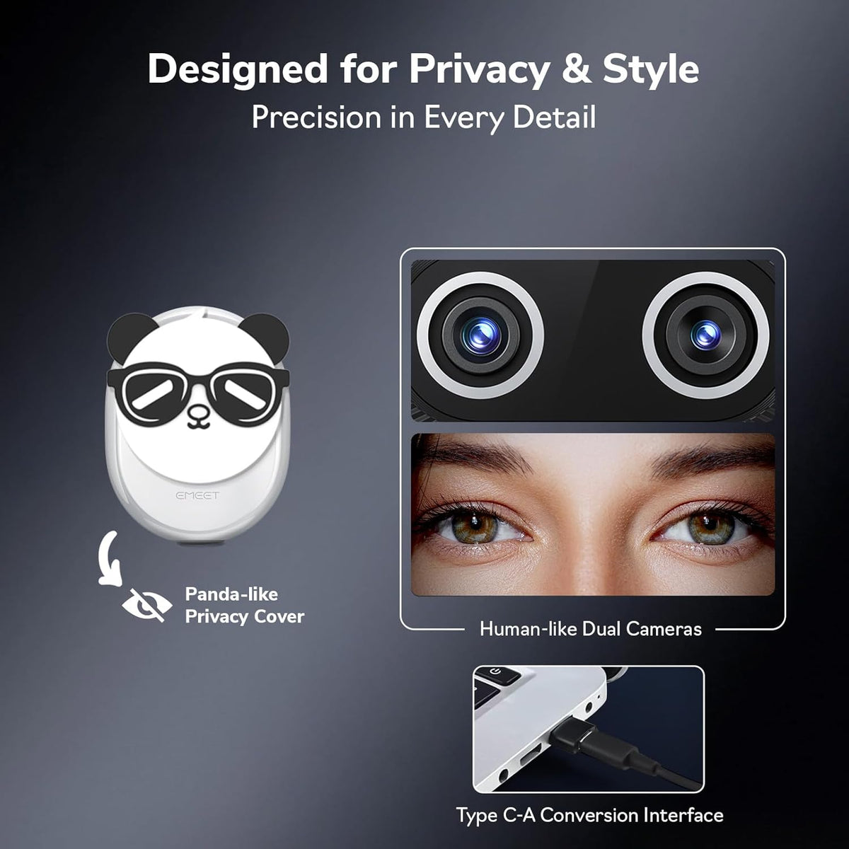EMEET Piko+ Webcam 4K, World’s 1st Dual-Camera AI-Powered 4K Camera, 1/2.55'' Sony Sensor, 3 Mics&3 Sound Modes, Panda Magnetic Privacy Cover, USB C-C&C-A, Ideal for Livestreamers and Content Creators