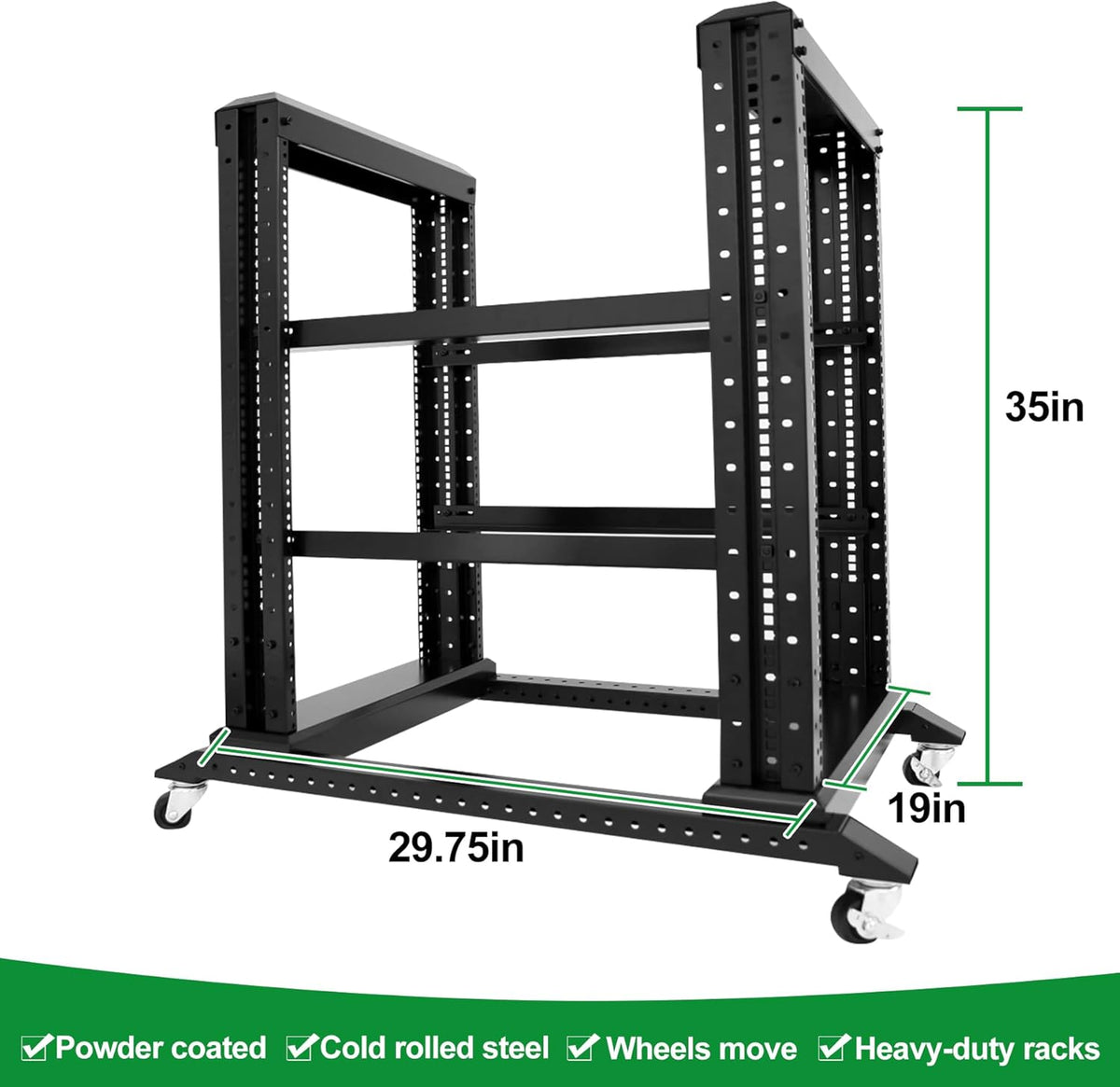 15U Server Rack/4-Post 19in Network Rack/Open Frame Rack with Wheels, Heavy-Duty Frame Cabinet/Adjustable Depth 29.75-27.75in GLOBALRACK(4POST-1000-15U)