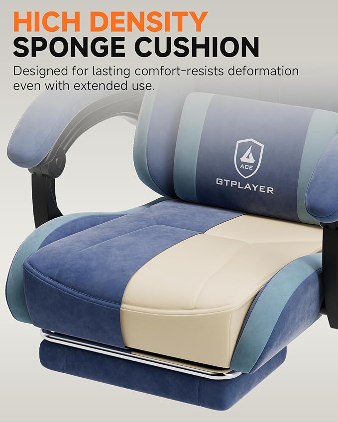 GTPLAYER Gaming Chair with Footrest Computer Gaming Chair for Adults and Kids Height Adjustable Gamer Chair with 90-155° Recline &amp Removable Headrest Lumbar SupportPerformance Fabric Blue