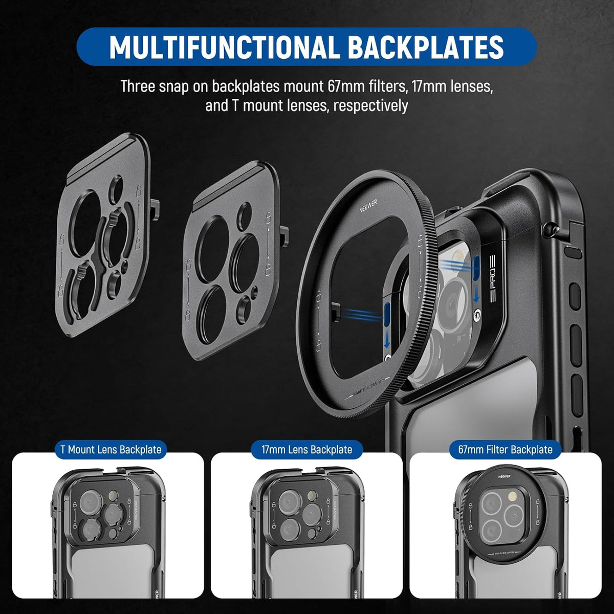 NEEWER 16 Pro Cage with Two Quick Release Side Handles, Phone Video Rig Kit with 67mm Filter Adapter, 17mm Lens Mount, T Mount Lens Adapter Compatible with iPhone 16 Pro (PA073+PA045E+PA045B)