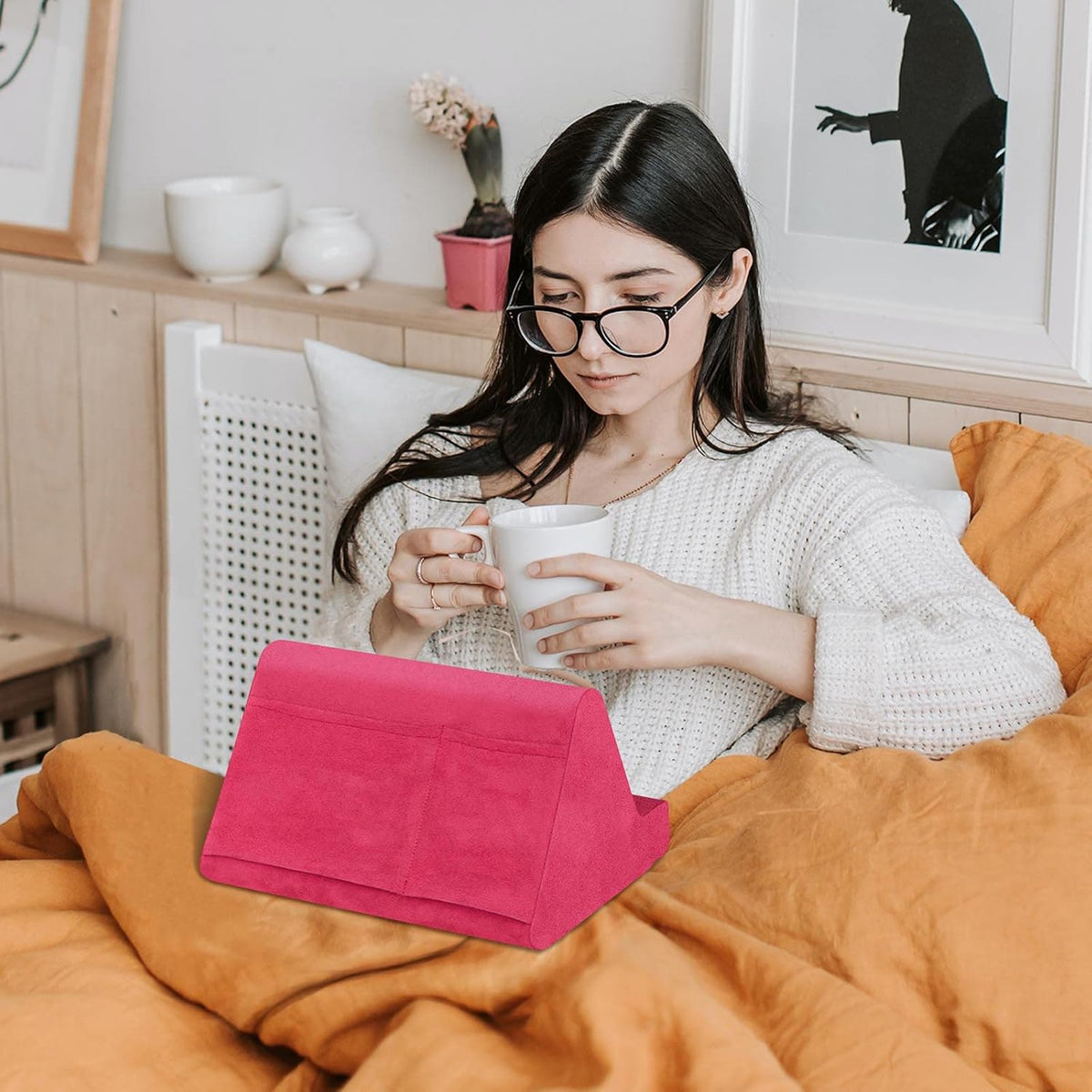 Rose Red Soft Tablet Pillow - Adjustable Stand for iPads & More, Lazy Holder with Pocket
