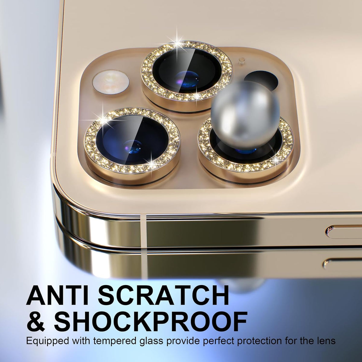 Choiche [3+1 for iPhone 13 Pro/iPhone 13 Pro Max Camera Lens Protector Bling, 9H Tempered Glass Camera Cover Screen Protector Metal Ring Decoration Accessories (Glitter-Gold)