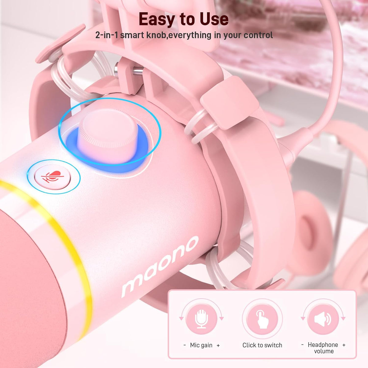 MAONO XLR/USB Dynamic Microphone Kit, RGB Gaming Mic with Software, Mute, Gain Knob, Volume Control, Boom Arm for Streaming, Podcasting, Voice-Over, Recording-PD200XS Pink