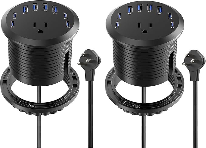 Jgstkcity 65W USB-C Hidden Desktop Power Grommet: 1 AC Outlet,8 USB Charging Ports,3'' Hole Flush Mount Pop-Up Power for Conference Tables & Nightstands (Black, 6 FT - 2PCS)