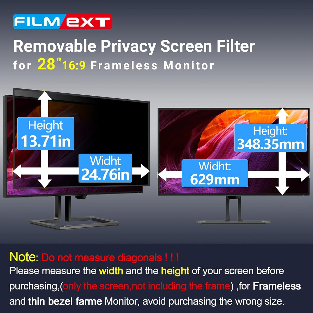 FILMEXT [2023 Upgrade Removable Computer Privacy Screen Filter for 28 inch Frameless Monitor, Anti Spy Blue Light Filter, Anti-Scratch, Easy On/Off Screen Protector for 16:9 Aspect Ratio