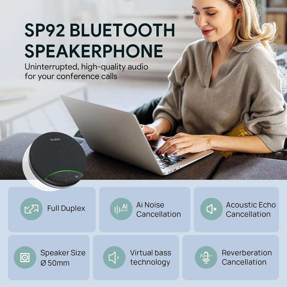Yealink Sp92 Conference Speaker and Microphone Teams Certified Mic with Al Noise Cancelling 20H Call Time USB Speakerphone for Small Meeting Room, Bluetooth Speaker for Computer/Laptop