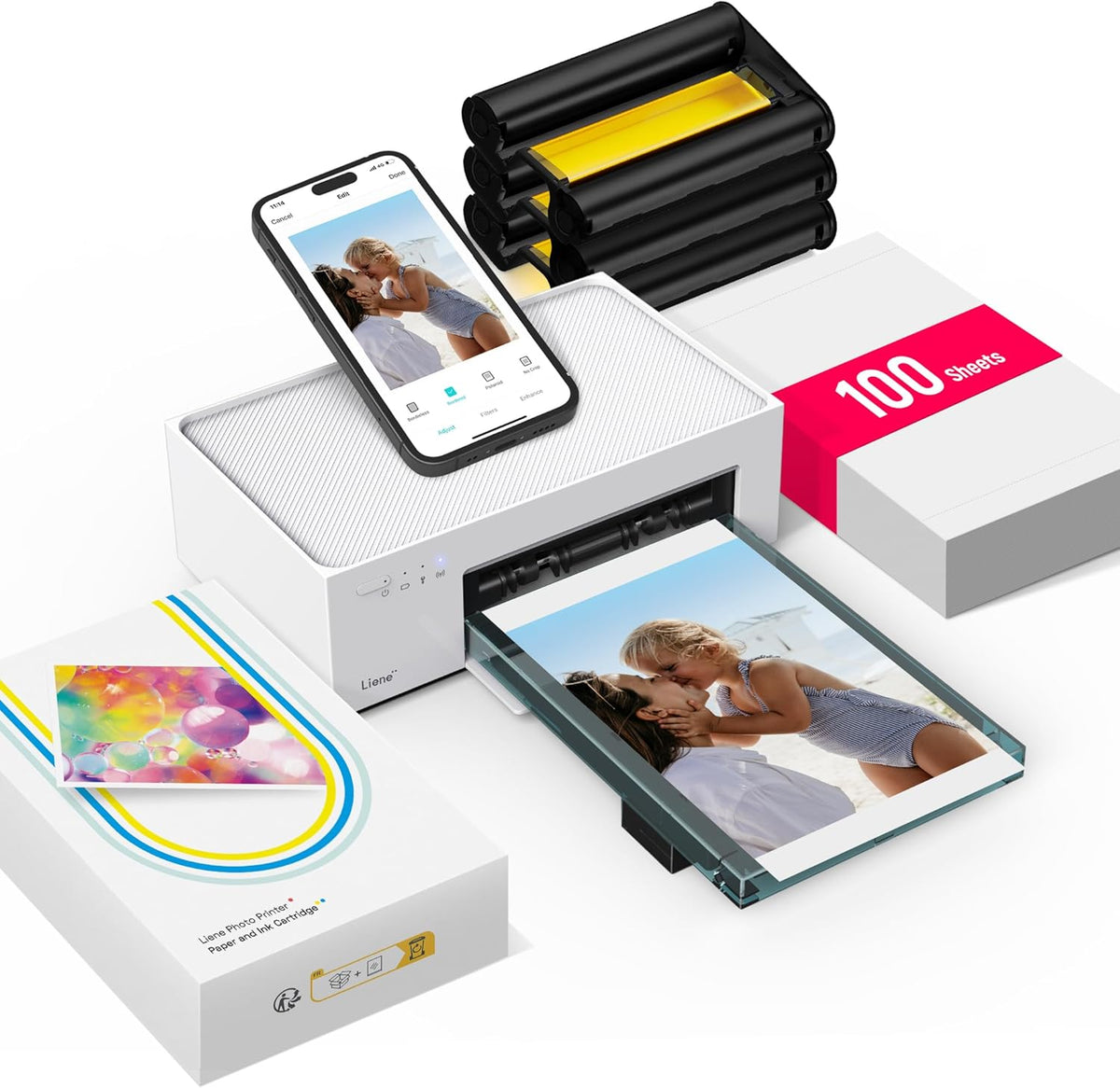 Liene M100 4x6'' Photo Printer, Phone Printer 100 Sheets & 3 Cartridges, Full-Color Photo, Portable Instant Photo Printer for iPhone Android, Thermal Dye Sublimation, Wi-Fi Picture Printer 100 Papers
