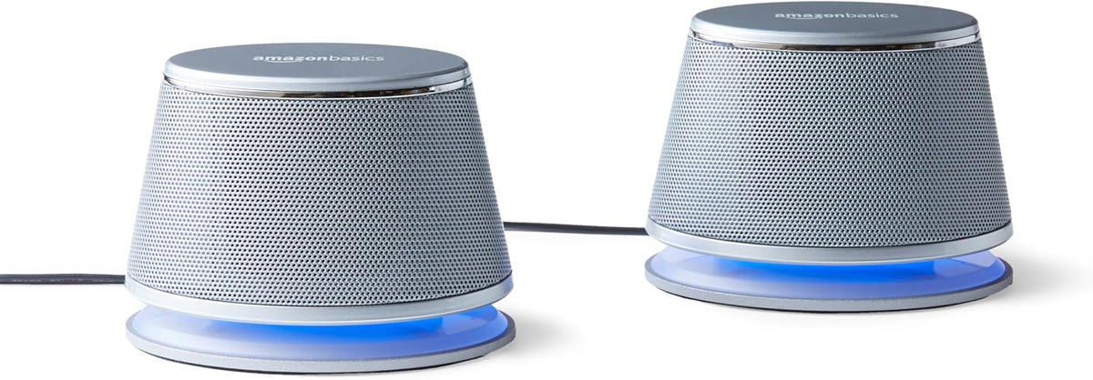 Amazon Basics Stereo 2.0 Speakers for PC or Laptop with Volume Control, 3.5mm Aux input, USB-Powered, 1 Pair, Silver
