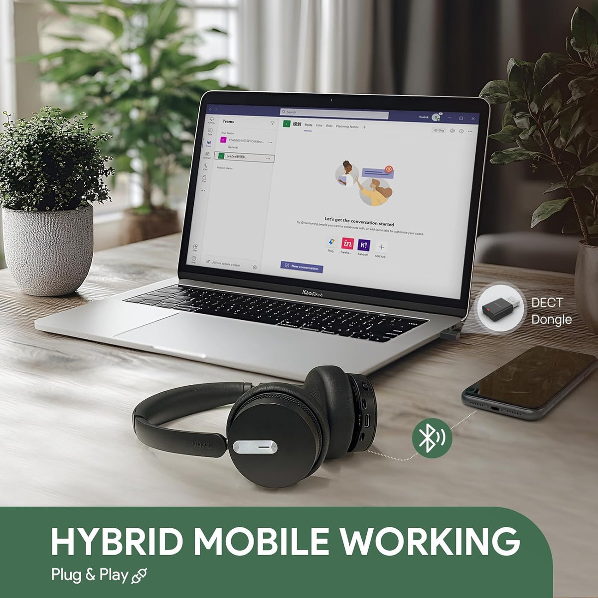 Yealink WH64 Hybrid with DECT Dongle, 492ft Range, 32 Talk Time Bluetooth Headset for Teams, Zoom Skype UC, 3X Mic Noise Cancelling, Headset PC Phone