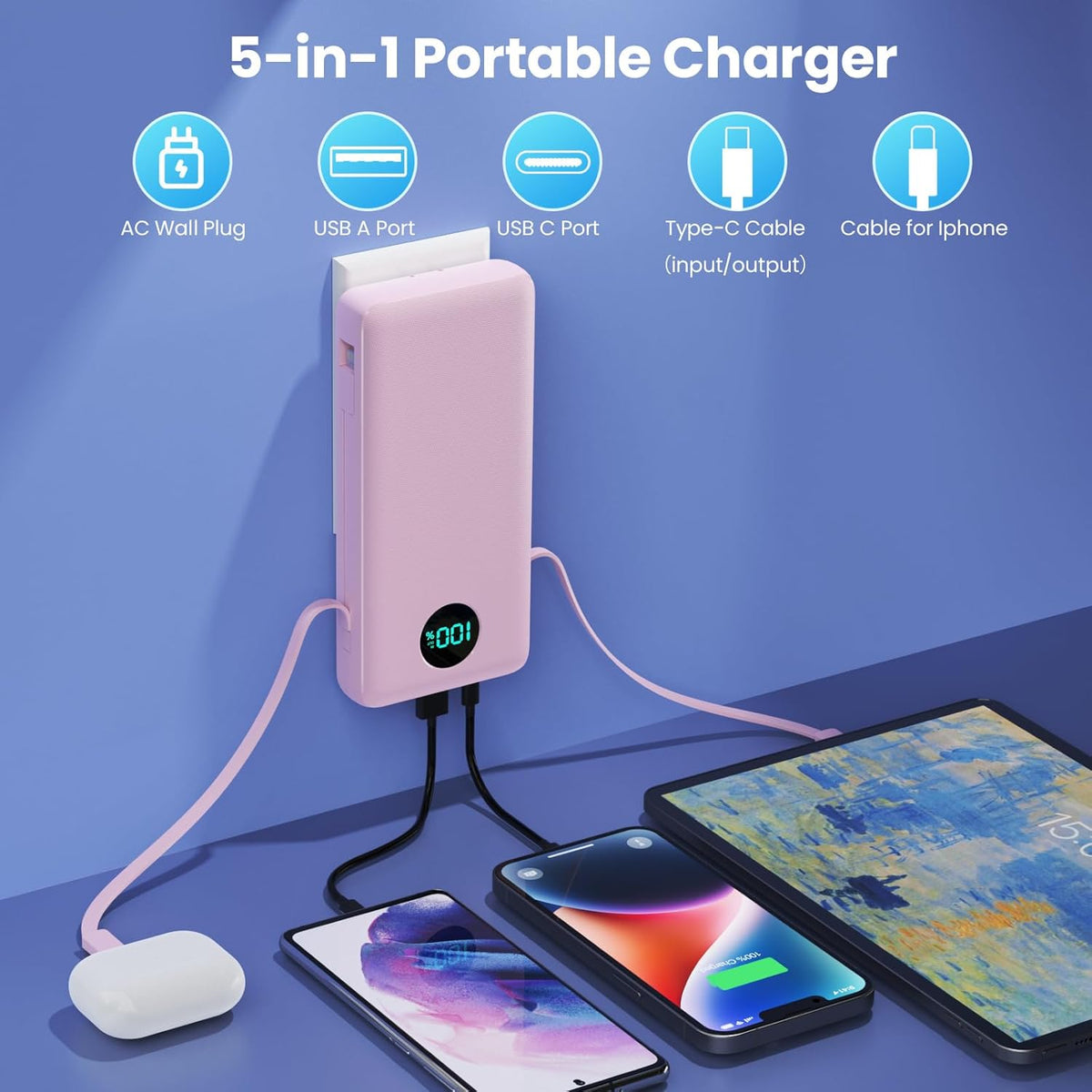 Portable Charger 33800mAh USB C Power Bank with Built-in Cables & AC Wall Plug,25W Fast Charging+QC 4.0 Phone Charger,4 Output LCD Display Battery Pack Compatible with iPhone16/15,Samsung,Android etc
