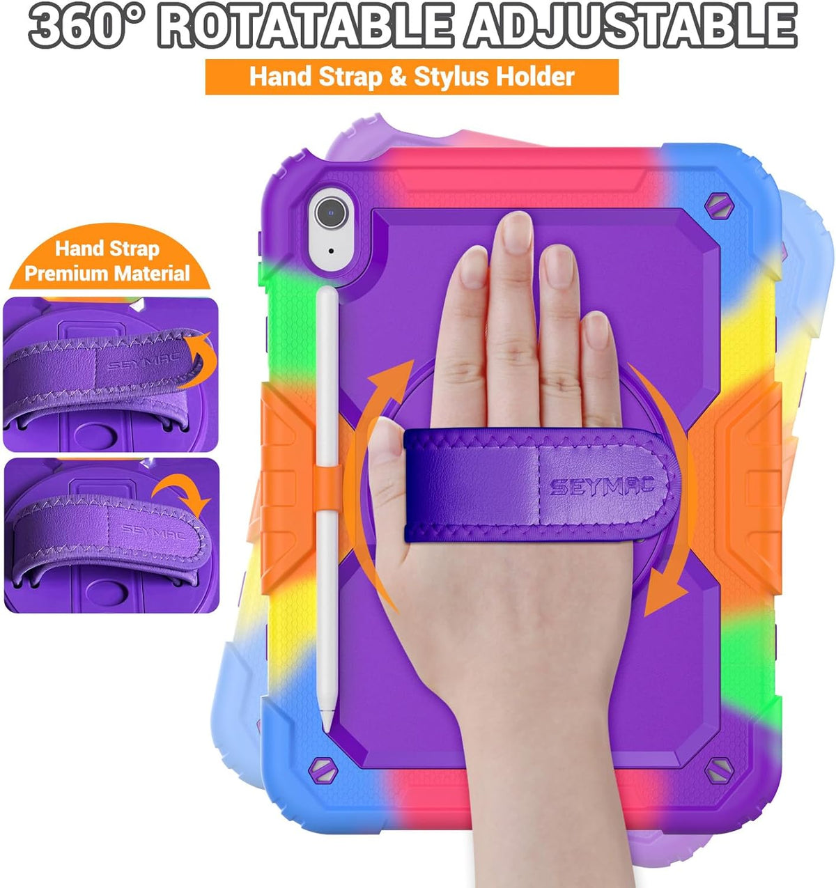 SEYMAC Case for iPad (A16) 11th/10th Generation 2025/2022 (11″/10.9″), Heavy Duty Full-Body Shockproof Protective Case with Screen Protector, Rotating Stand, Hand/Shoulder Strap, Colorful/Purple