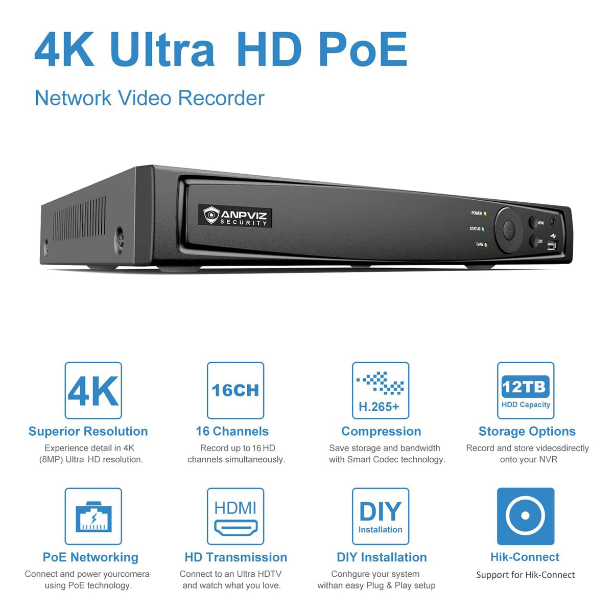 Anpviz AI 12MP 16CH POE NVR (12MP/8MP/6MP/5MP/4MP/3MP) Smart AI POE Network Video Recorder - Supports up to 16 x 12MP POE Cameras, 16-Channel Power