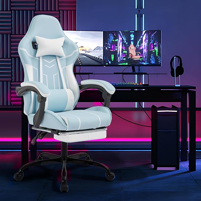 Blue 360° Swivel Gaming Chair Ergonomic Heavy Duty 330lbs Office Chair with Footrest and Massage Lumbar Support Height Adjustable High Back Reclining Gamer Chair with Headrest (Blue)