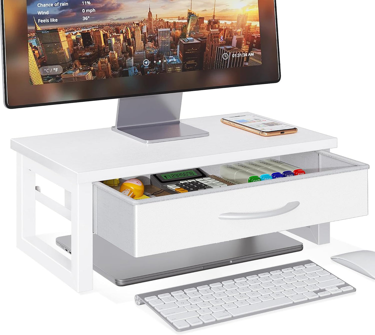 HEWORLIF Desk Organizers and Accessories, Computer Monitor Stand Riser with Drawer, White Laptop Stand for Desk