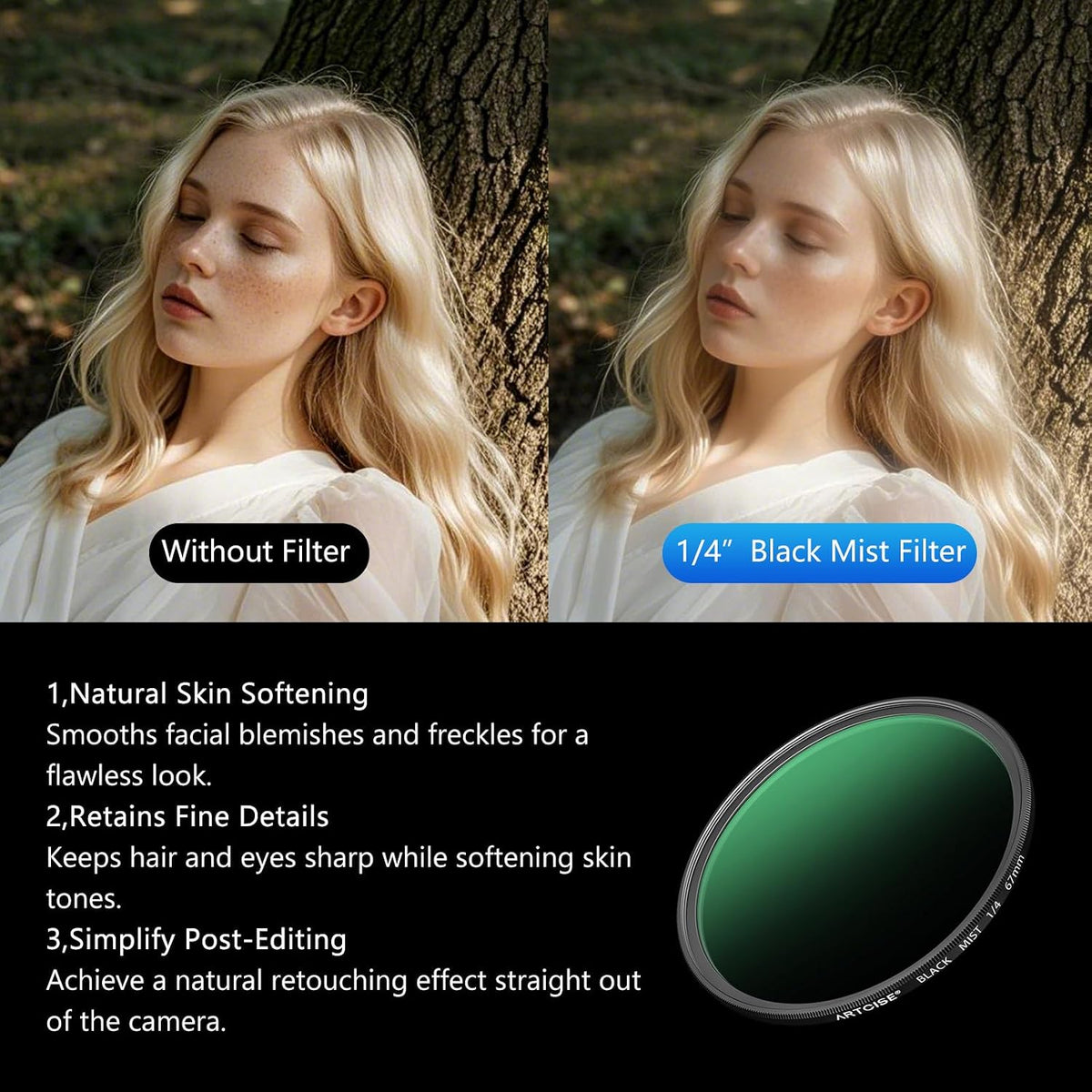 ARTCISE 1/4 67mm (46mm) Black Mist Filter - HD Optical Glass Filter for Cinematic Glow, Reduces Harsh Highlights