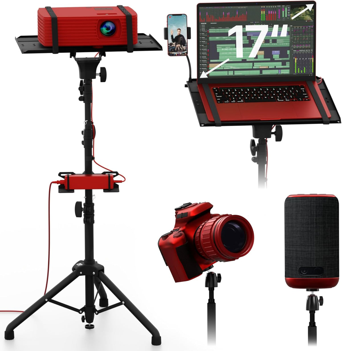 Projector Tripod Stand, Height Adjustable 27" to 62" & Floor Projector Stand, Portable Laptop Stand, Camera & Light & Ball-Joint – Well-Made, Easy-to-Adjust, DJ Rack & Music or Movie stand