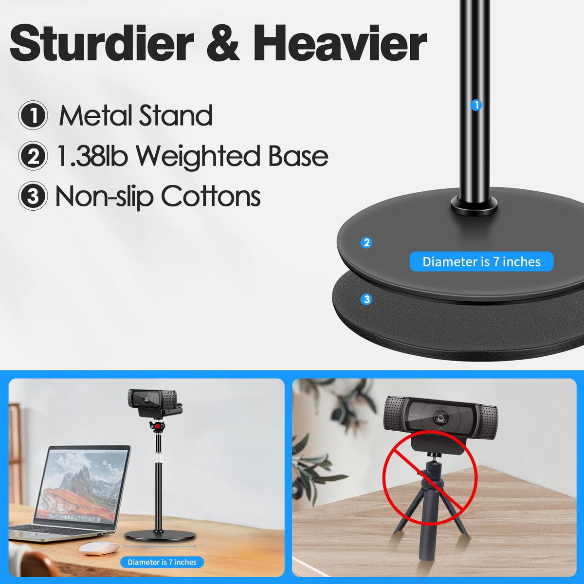 Nycetek Webcam Tripod Stand for Desk: Webcam Stand for Logitech Brio | C920 | C922 | C615 | C930e - Height & Angle Adjustable Desktop Tripod for Light