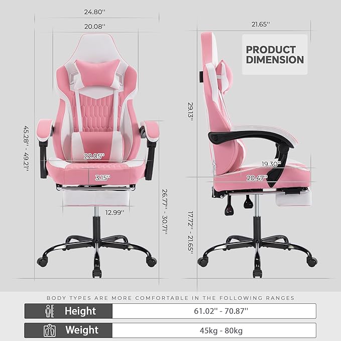 360° Swivel Gaming Chair for Adults with Retractable Footrest Ergonomic Video Game Chair with Headrest and Lumbar Support Height Adjustable Computer Chairs for Office or Gaming Pink
