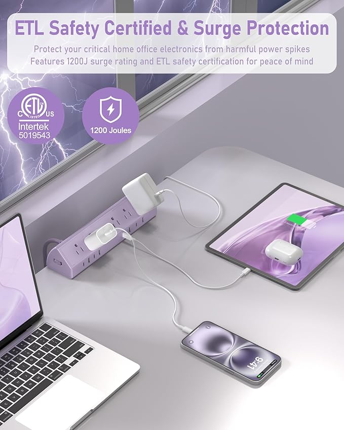 Jgstkcity Desk Clamp Power Strip USB C 45W,Surge Protector,Purple