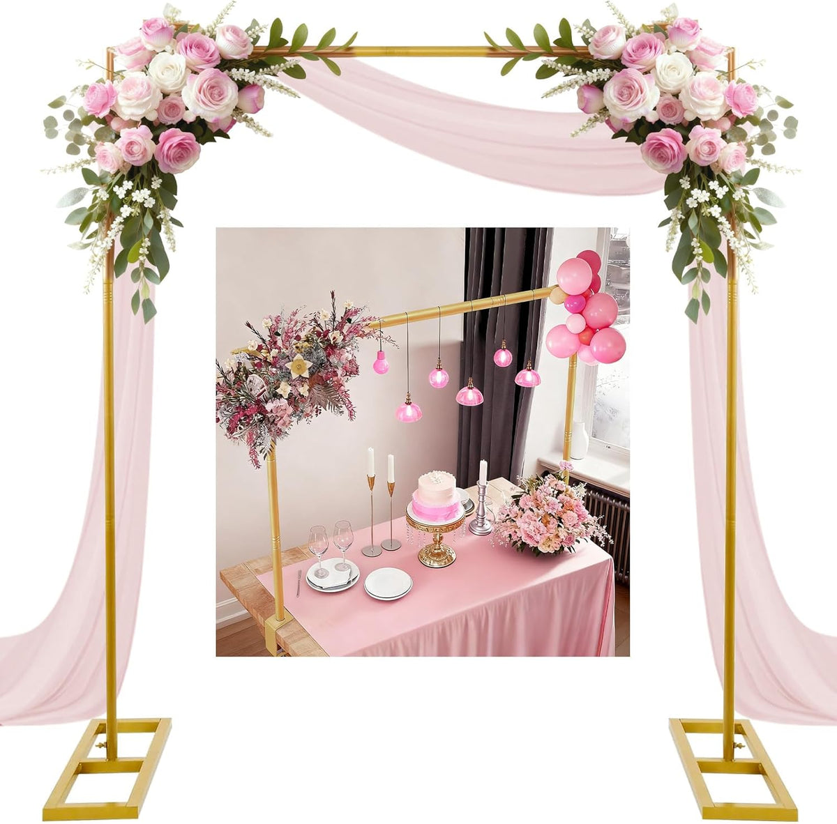 8.2FT 2 Square Backdrop Stand Heavy Duty, Gold Metal Wedding Arch Frame Adjustable, Change Over The Table Rod Stand