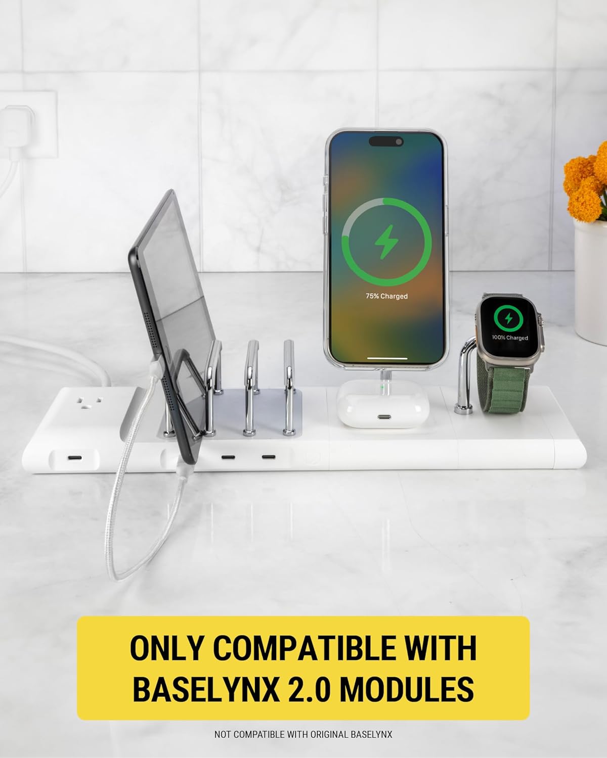 Scosche BL2MSiQWT-AP BaseLynx™ 2.0 2-in-1 Modular Charging Station with MagSafe, 15W Fast Wireless Charging Phone Stand Compatible w/Apple iPhone 15/14/13/12 Series, 5W Charger Pad for AirPods, White