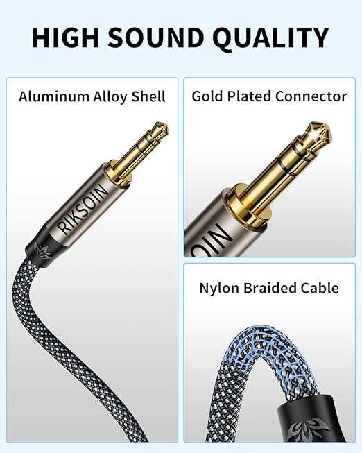 RIKSOIN 3.5mm Aux Cable, Silver-Plated Wire Core Male to Male Cord for Headphones Car Home Stereos Speaker Compatible with iPhone iPad iPod Echo -16.4FT/5M